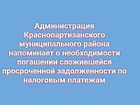 Администрация Краснопартизанского муниципального района напоминает о необходимости погашении сложившейся просроченной задолженности по налоговым платежам